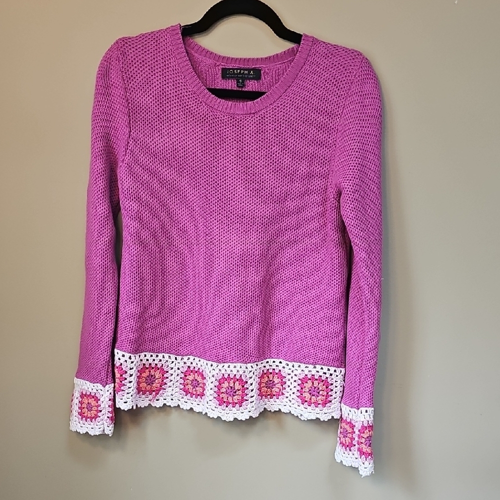 Joseph A Fuchsia Sweater With Crochet Trim 100% Cotton Boho Retro Cottage